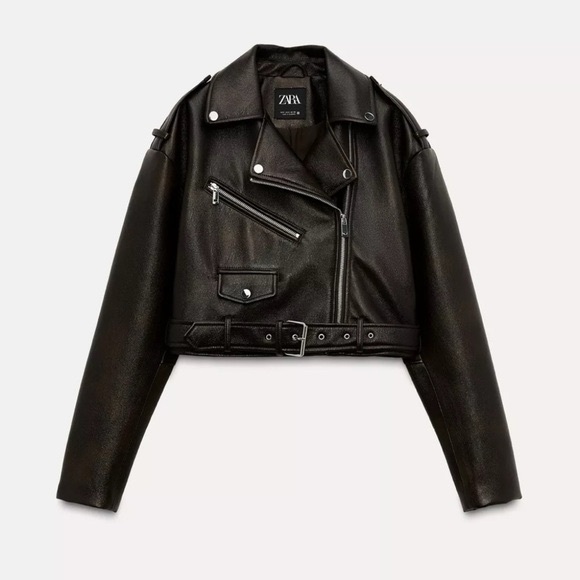 ZARA CROPPED SHINY BIKER JACKET, DARK BROWN - M - Picture 1 of 7